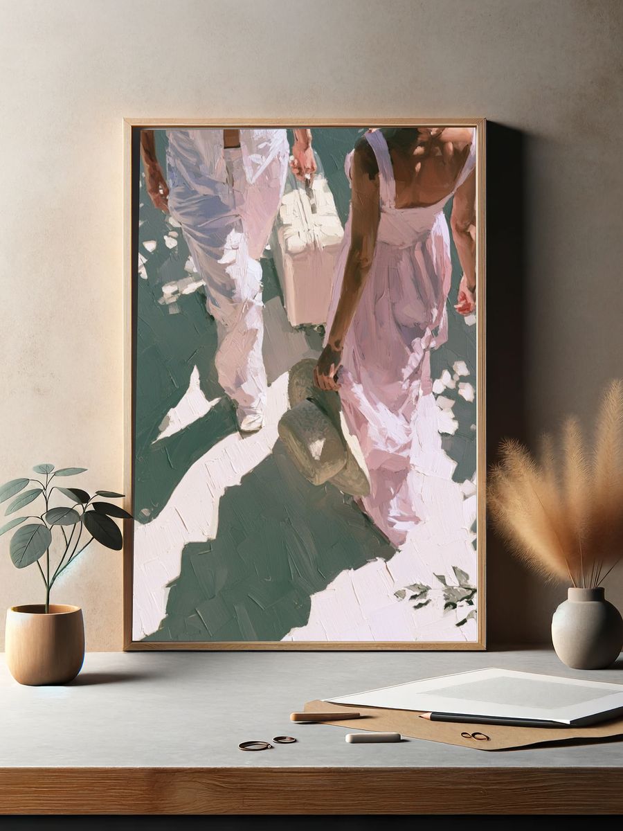 Couple Walking in Sunlit Street Poster. — room view 2