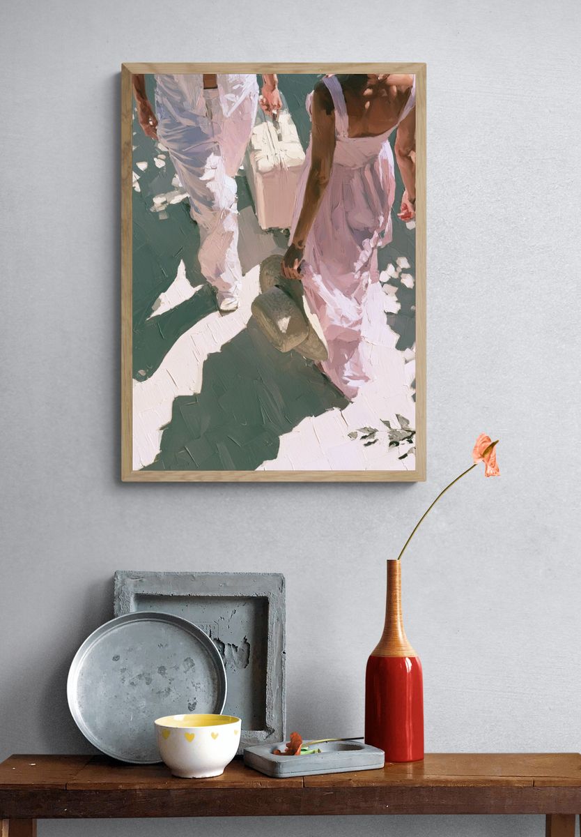 Couple Walking in Sunlit Street Poster. — room view 3