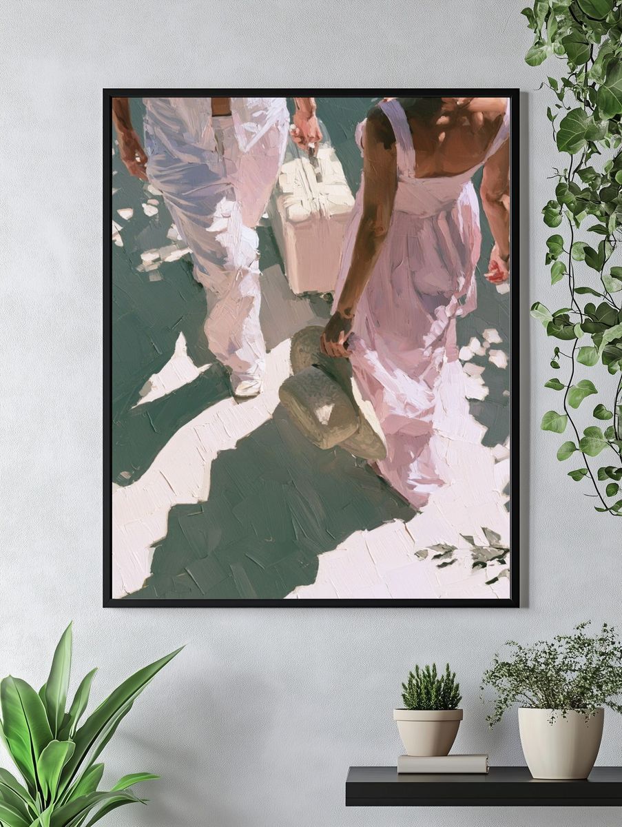 Couple Walking in Sunlit Street Poster. — room view 4