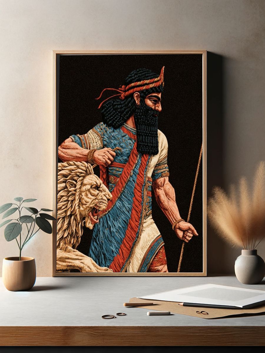 Ancient Warrior and Lion Print. — room view 2