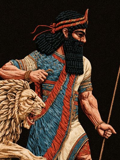 Ancient Warrior and Lion Print. poster