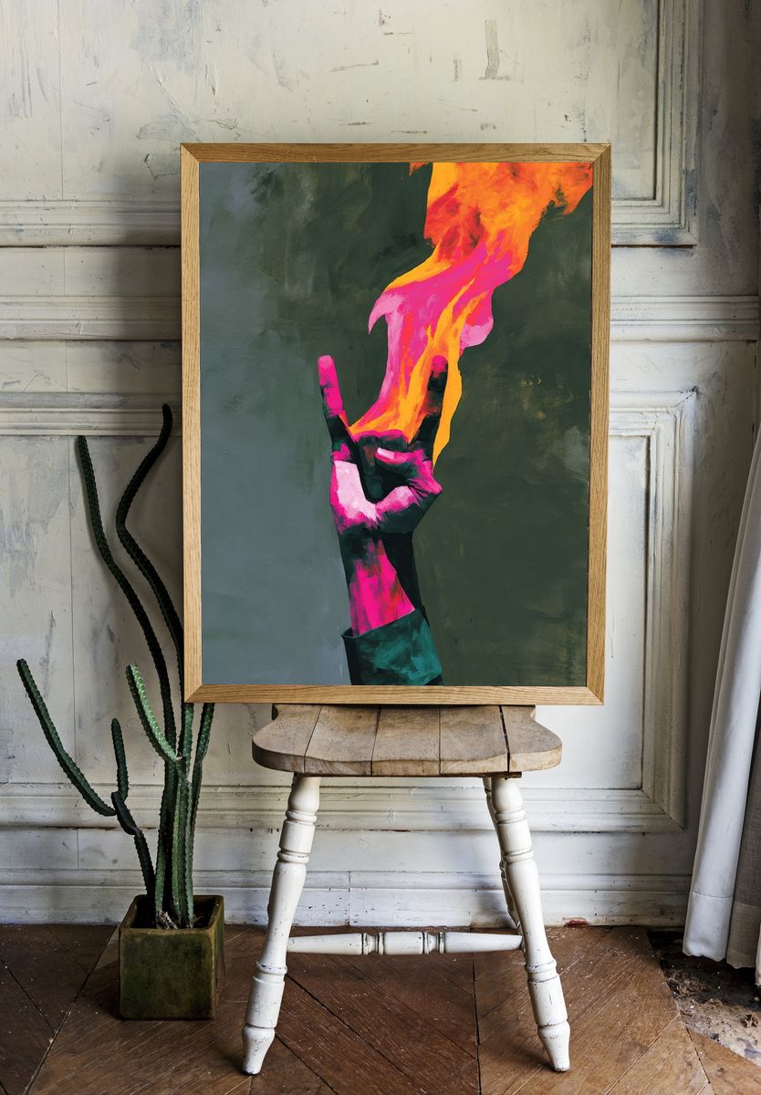 Neon Hand Flame Abstract Poster. room preview