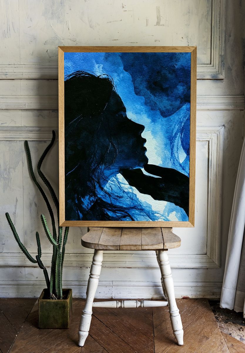 Blue Lovers Silhouette Illustration Poster. — room view 1