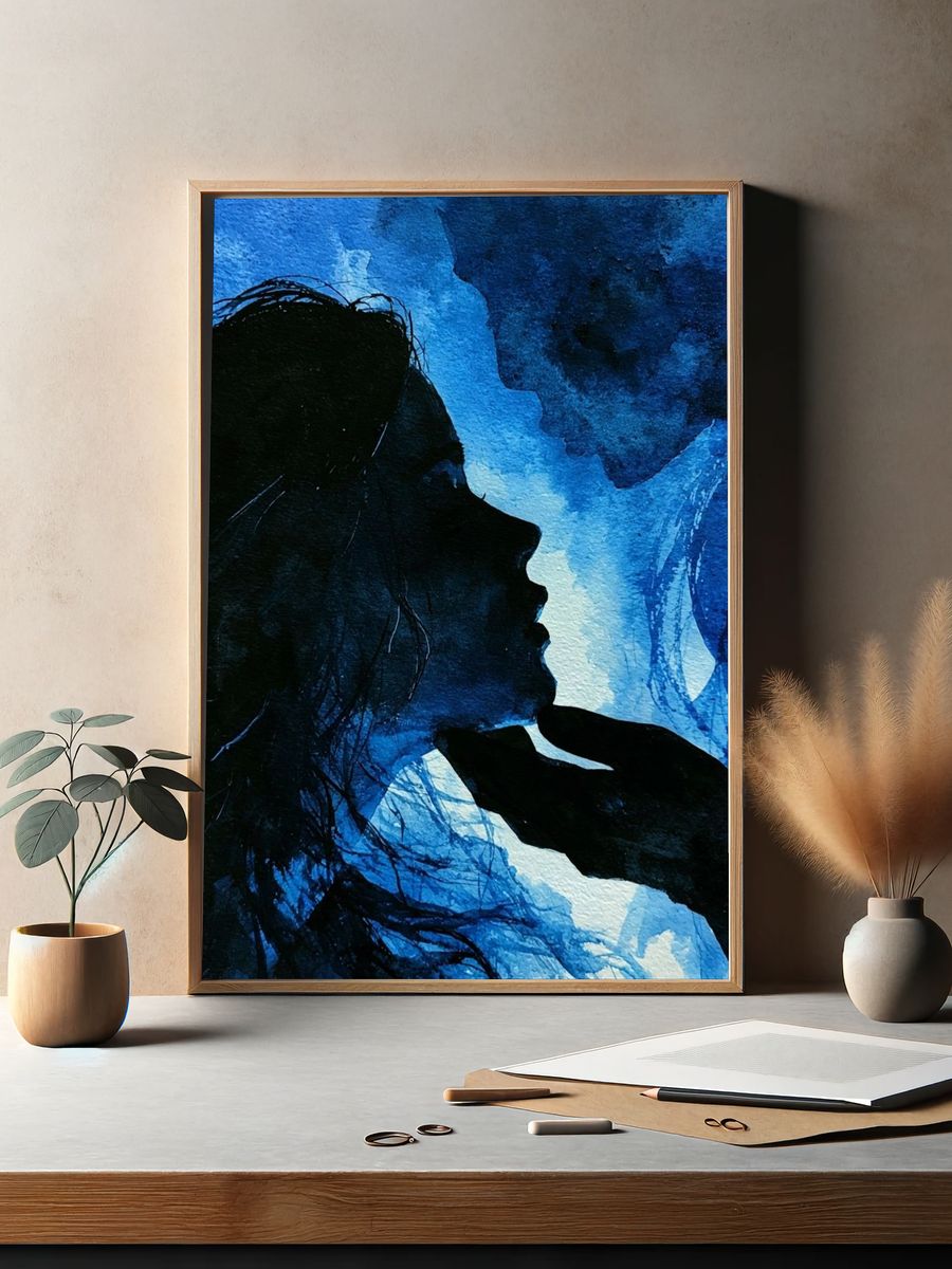 Blue Lovers Silhouette Illustration Poster. — room view 2
