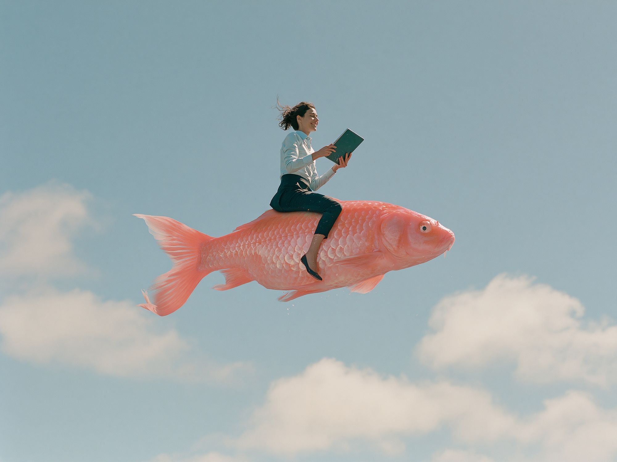 Woman Riding Giant Fish Surrealism Print. poster — fine-art art