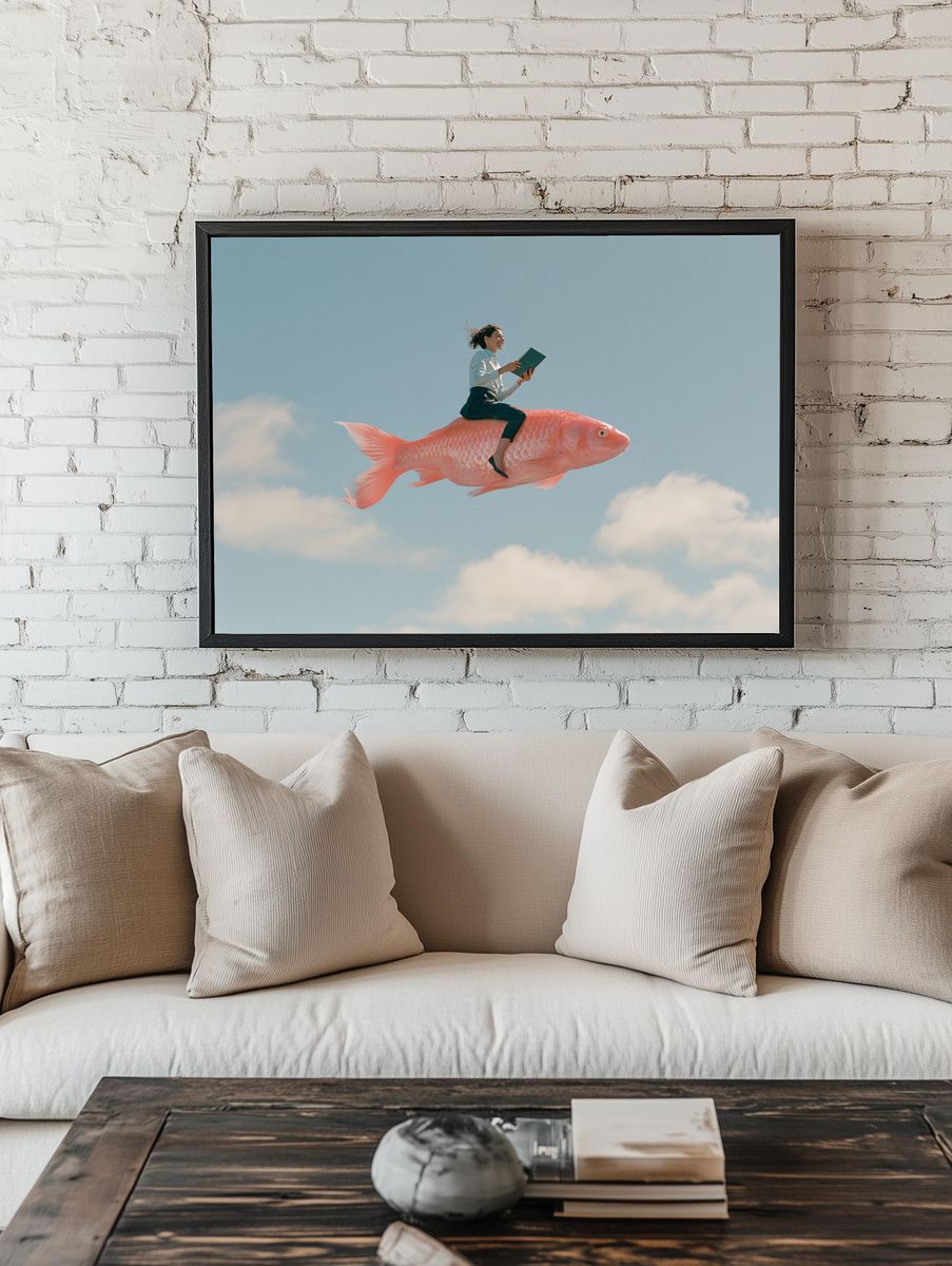 Woman Riding Giant Fish Surrealism Print. — room view 1
