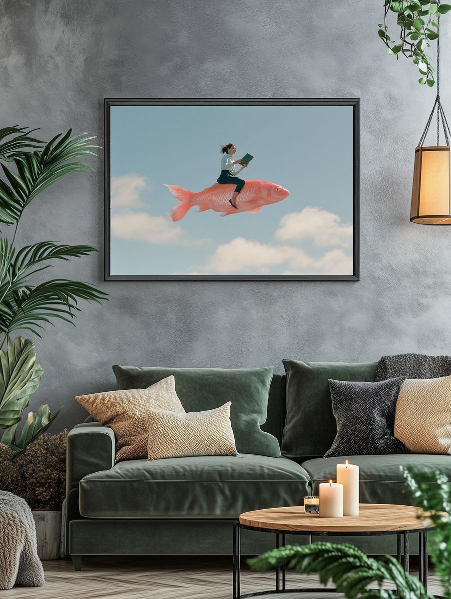 Woman Riding Giant Fish Surrealism Print. — room view 4