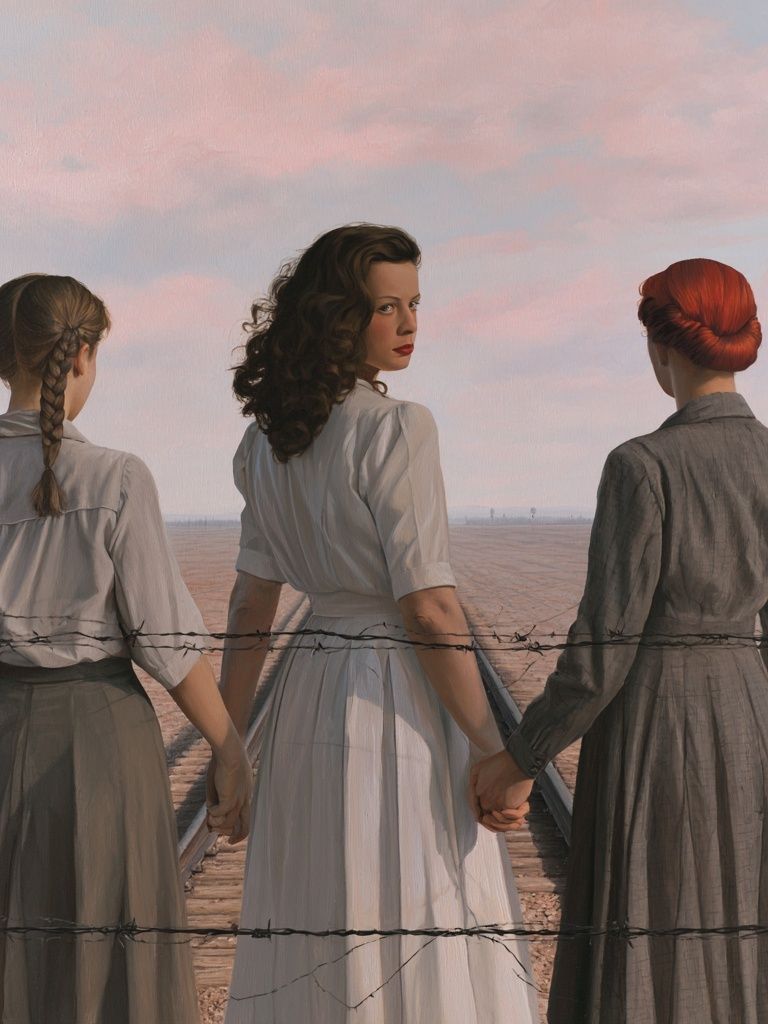 Three Women by the Fence Print. poster — fine-art art
