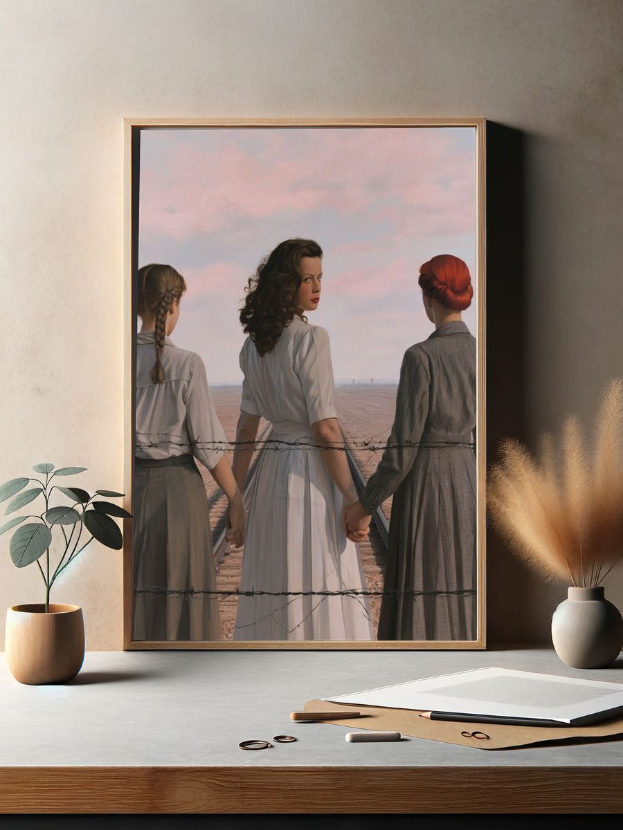 Three Women by the Fence Print. — room view 2