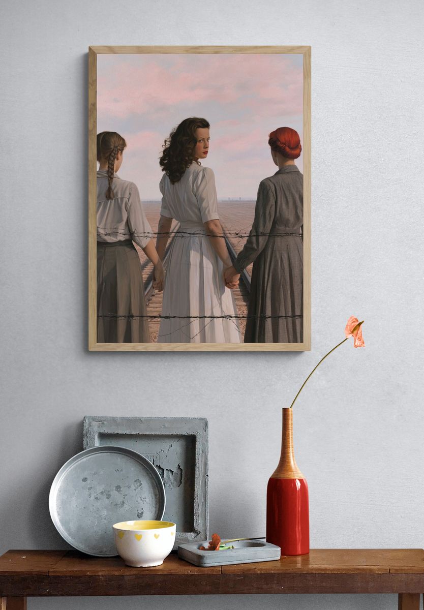 Three Women by the Fence Print. — room view 3