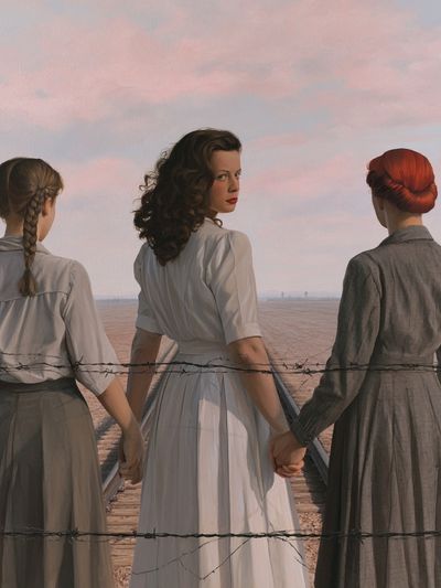 Three Women by the Fence Print. poster