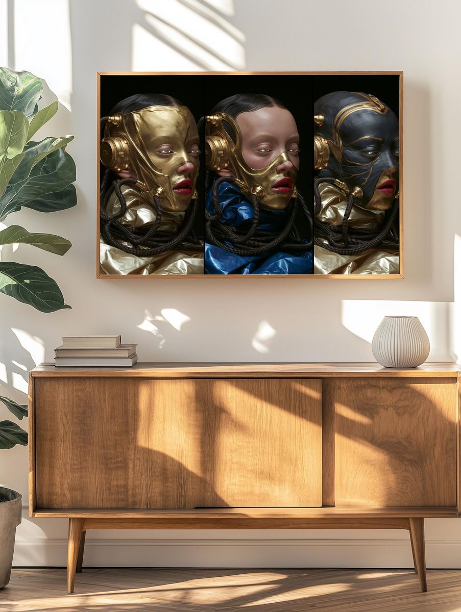 Surreal Gold Mask Portrait Print. — room view 3