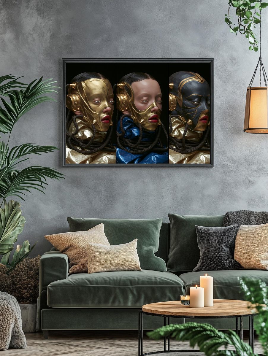 Surreal Gold Mask Portrait Print. — room view 4