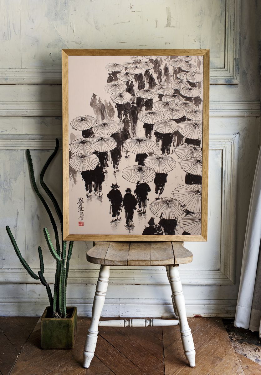 Umbrella Crowd Ink Poster. — room view 1