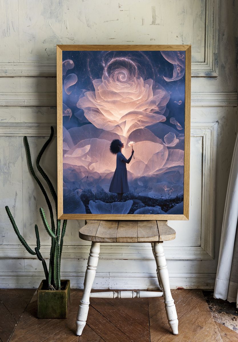 Dreamlike Lotus Surrealism Print. room preview