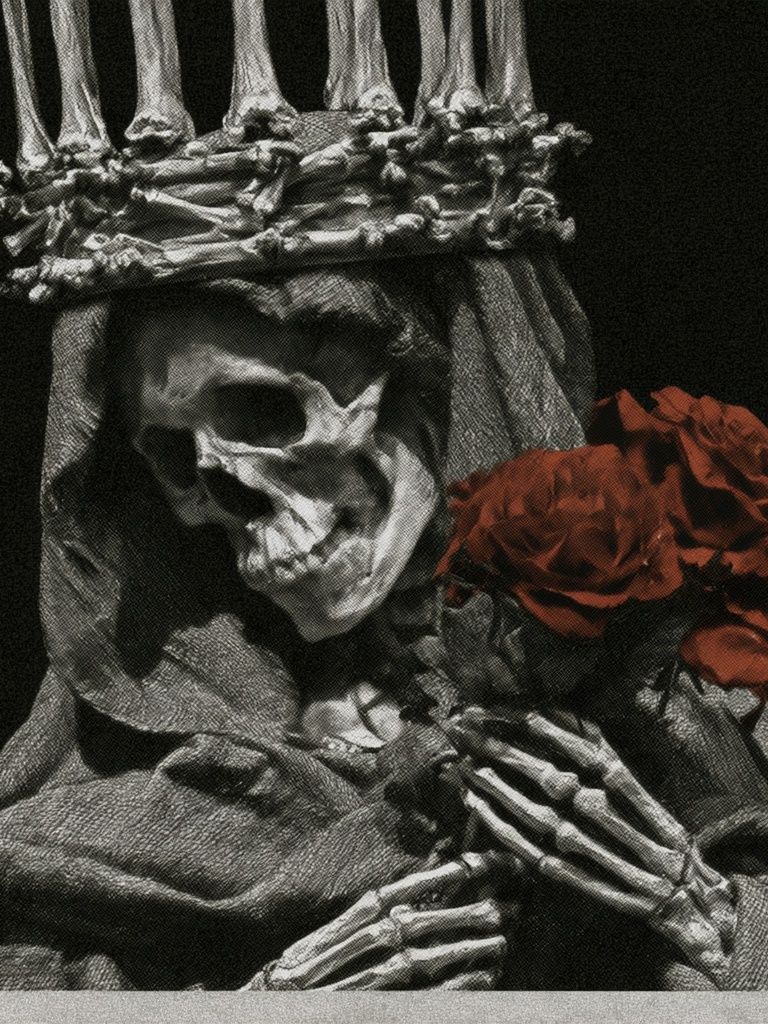 Skeleton Crown with Red Roses Print. poster detail