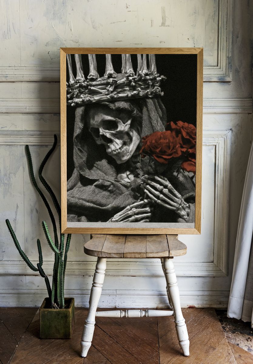 Skeleton Crown with Red Roses Print. — room view 1