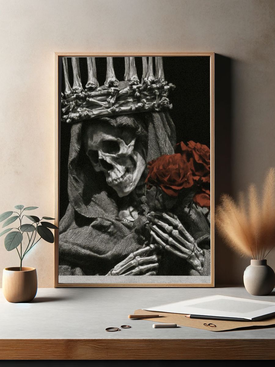 Skeleton Crown with Red Roses Print. — room view 2