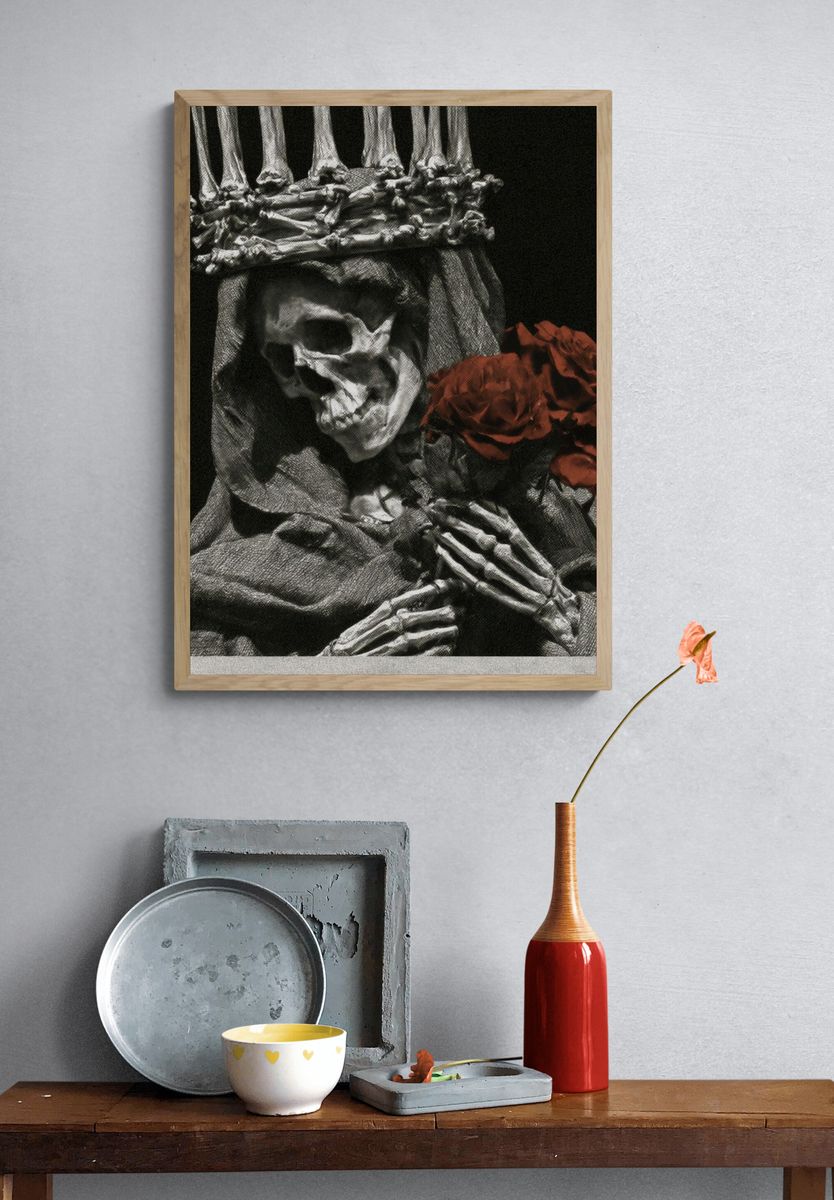 Skeleton Crown with Red Roses Print. — room view 3