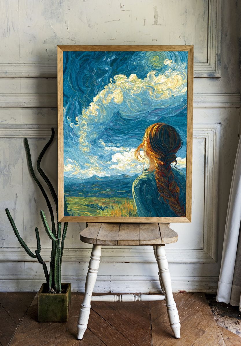 Girl Under Swirling Sky Print. room preview