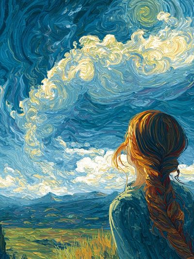 Girl Under Swirling Sky Print. poster print