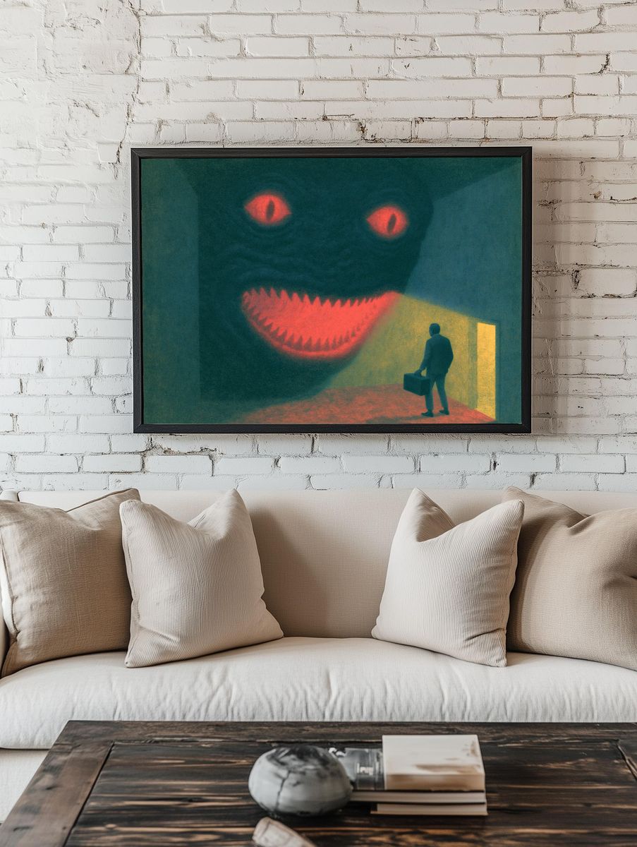 Surreal Monster Hallway Print. room preview