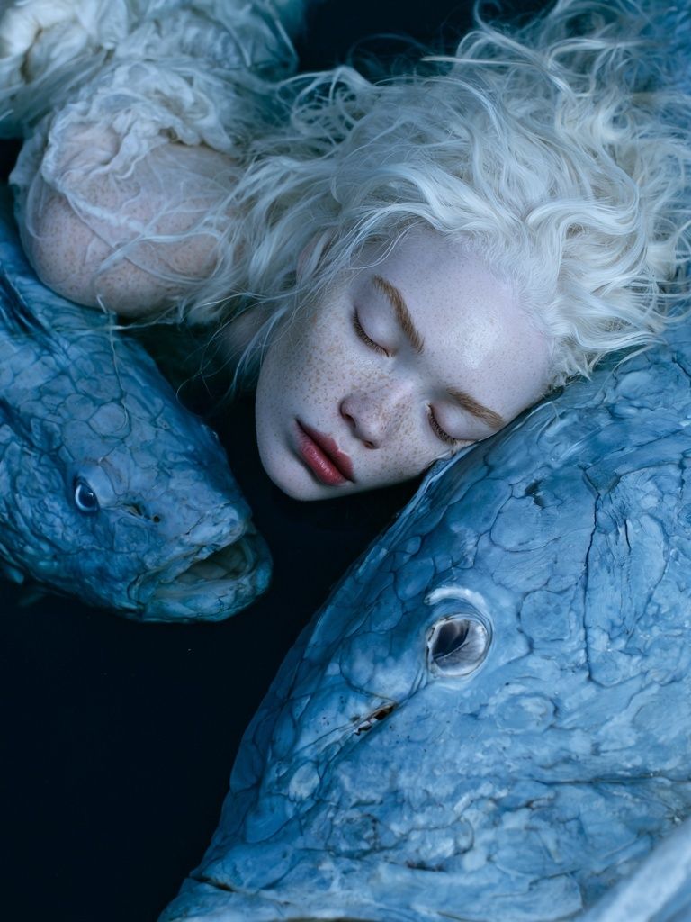 Dreaming Girl and Fish Surrealism Print. poster — fine-art art