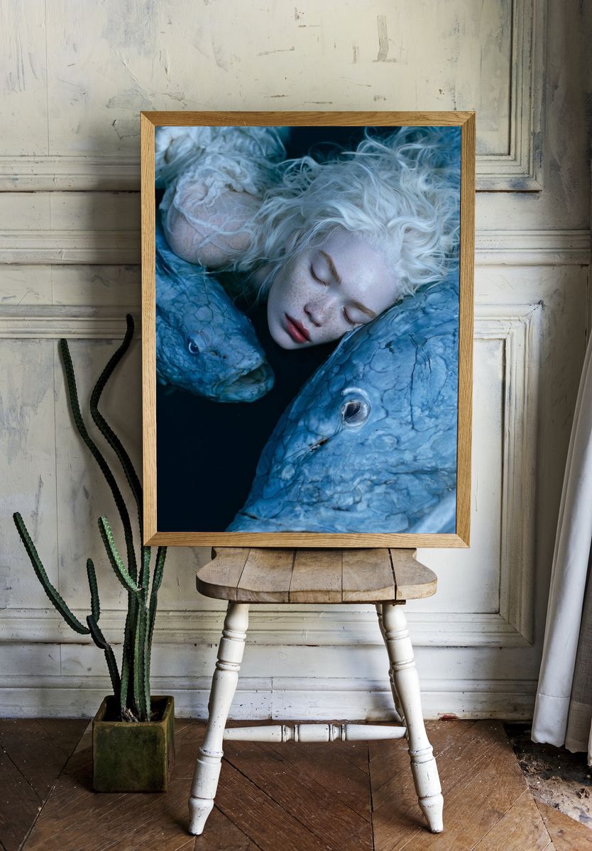 Dreaming Girl and Fish Surrealism Print. — room view 1