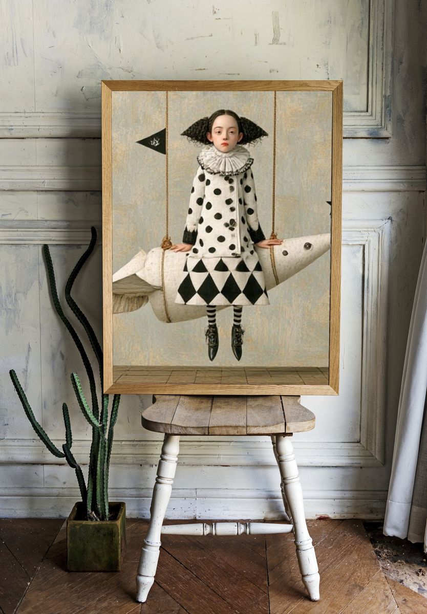 Surreal Girl on Rocket Horse Print. — room view 1