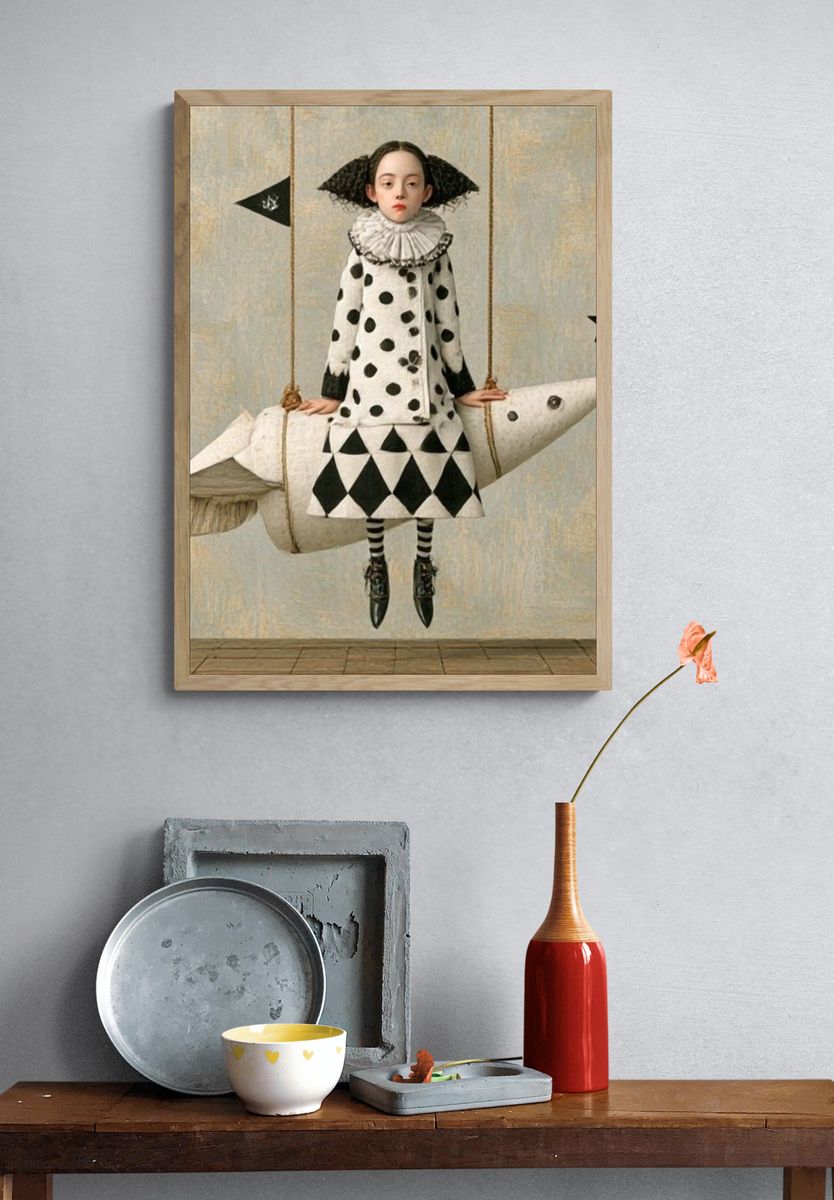 Surreal Girl on Rocket Horse Print. — room view 3