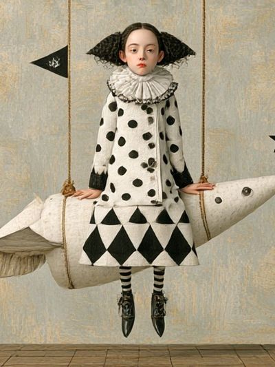 Surreal Girl on Rocket Horse Print. poster