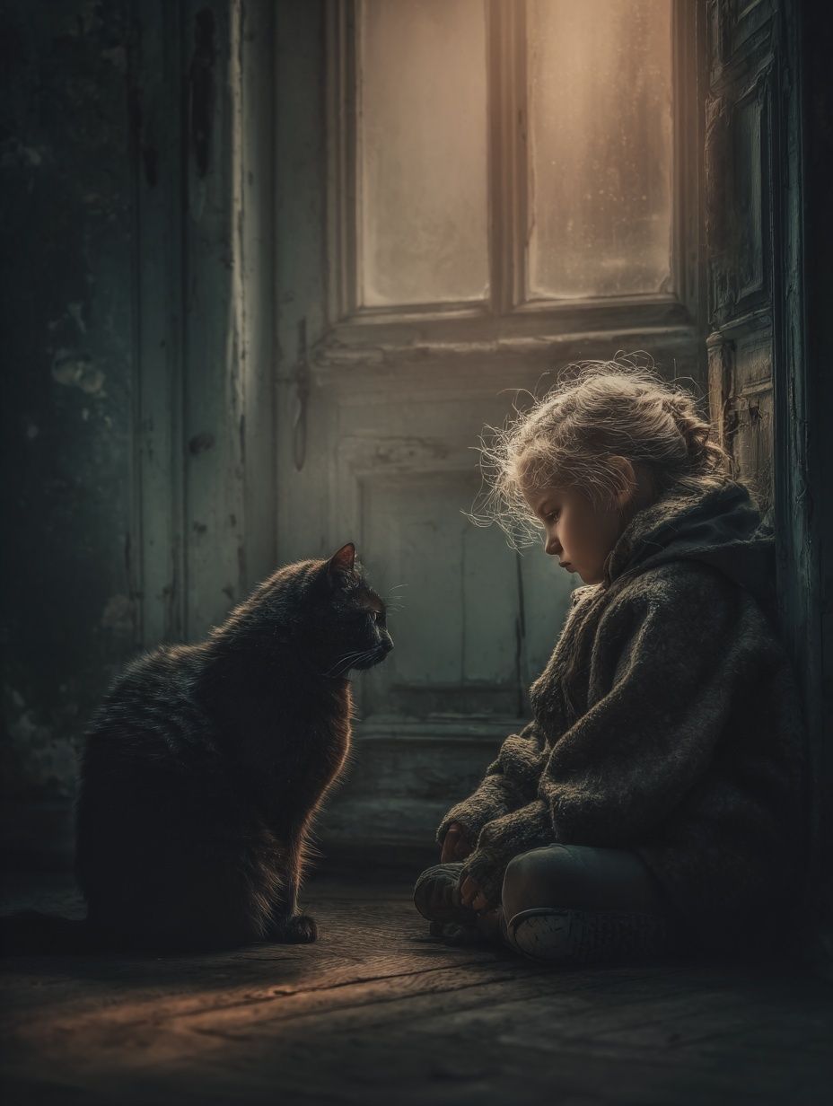 Girl and Cat Portrait Print. poster — fine-art art