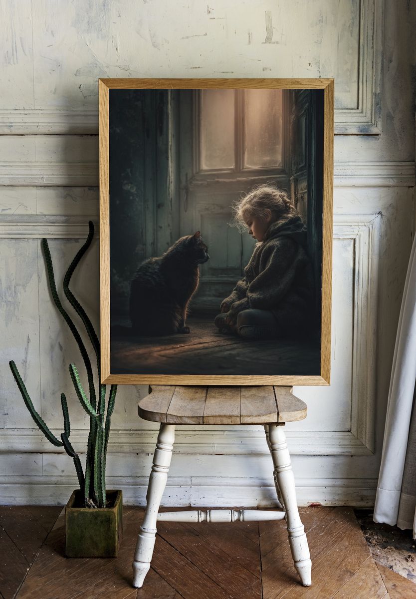 Girl and Cat Portrait Print room preview