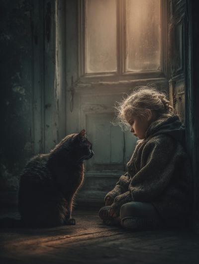 Girl and Cat Portrait Print. poster