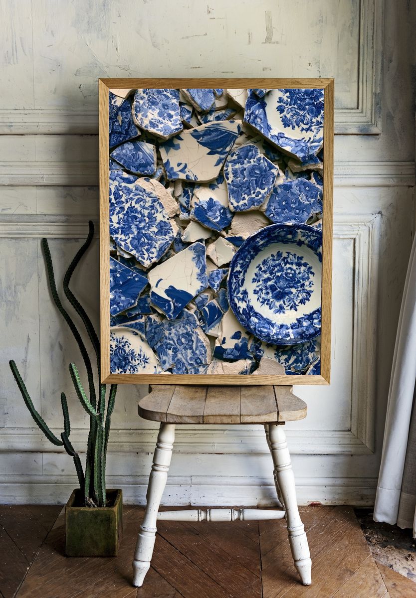 Blue Chinoiserie Ceramic Collage Print. — room view 1