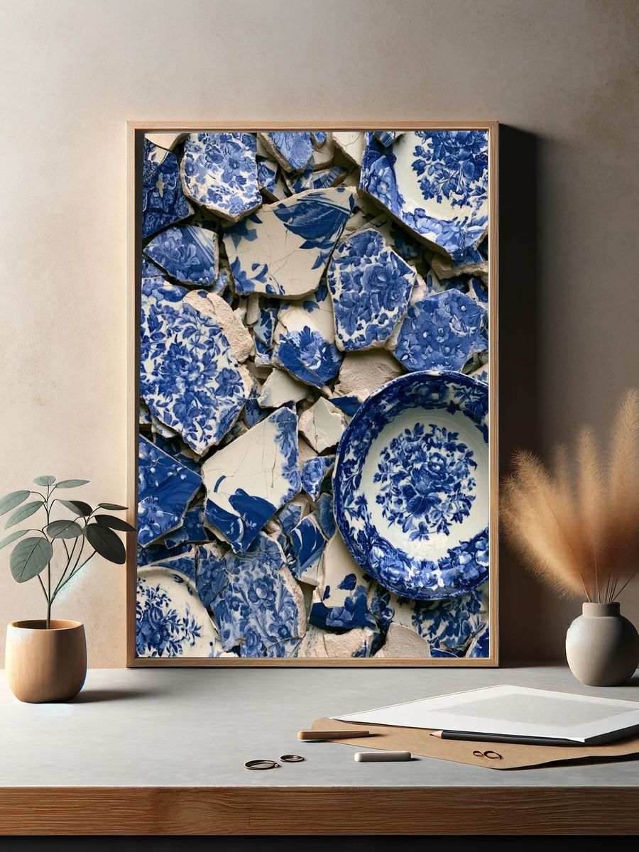 Blue Chinoiserie Ceramic Collage Print. — room view 2