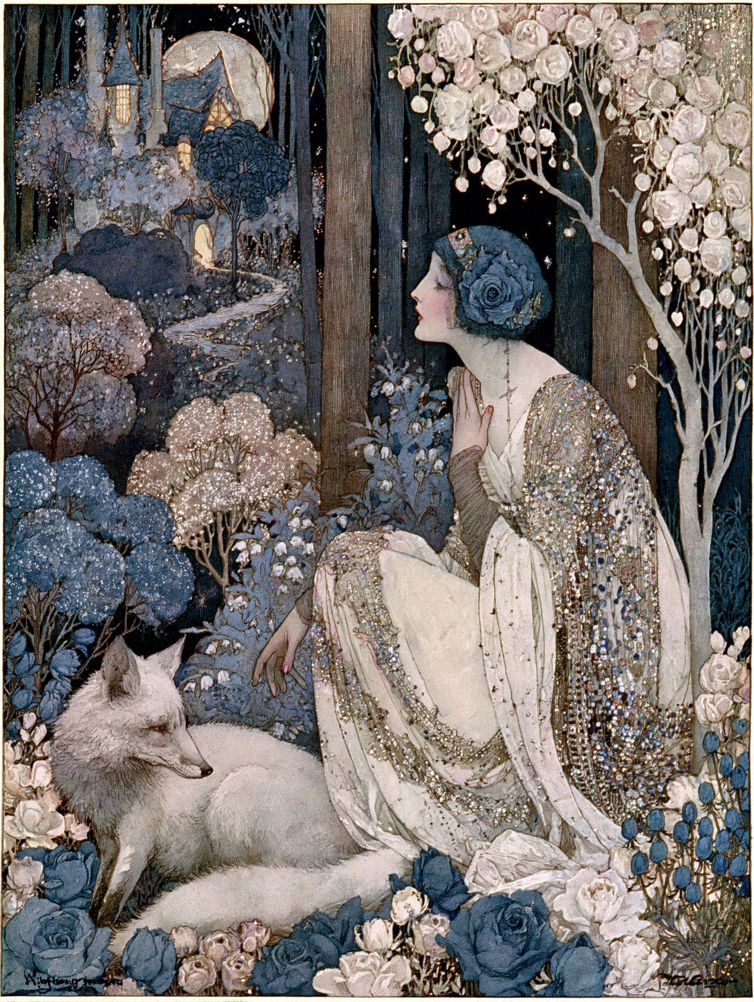 Moonlit Floral Woman Art Nouveau Print. poster detail