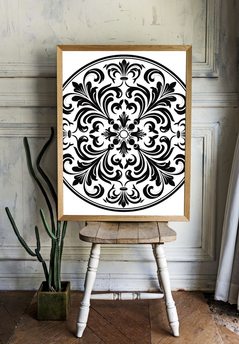 Baroque Medallion Black-White Poster. room preview
