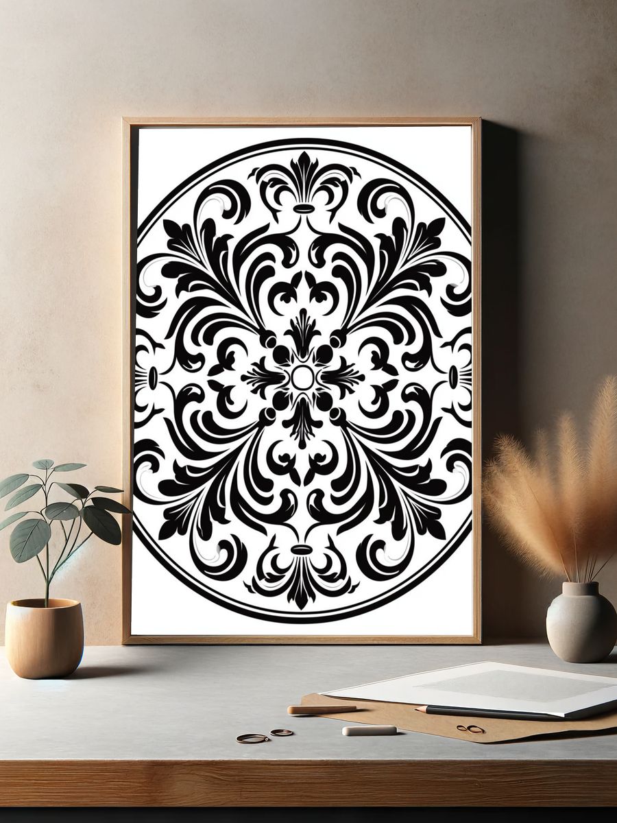 Baroque Medallion Black-White Poster. — room view 2