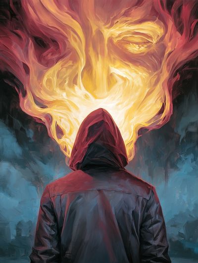 Hooded Figure Flame Vision Print. poster