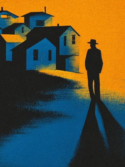 Lonely Figure in Blue Village Poster. poster print