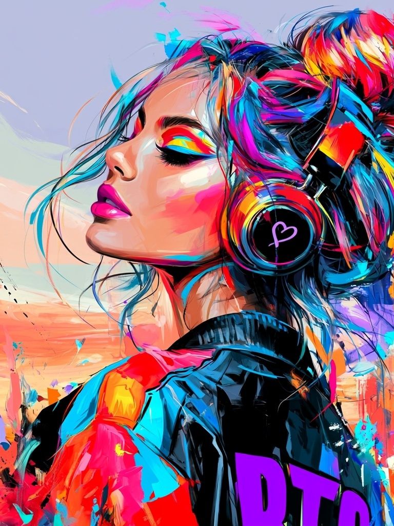 Neon Headphones Portrait Print. poster detail