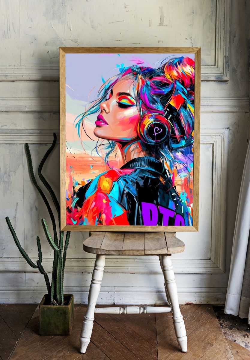 Neon Headphones Portrait Print. — room view 1