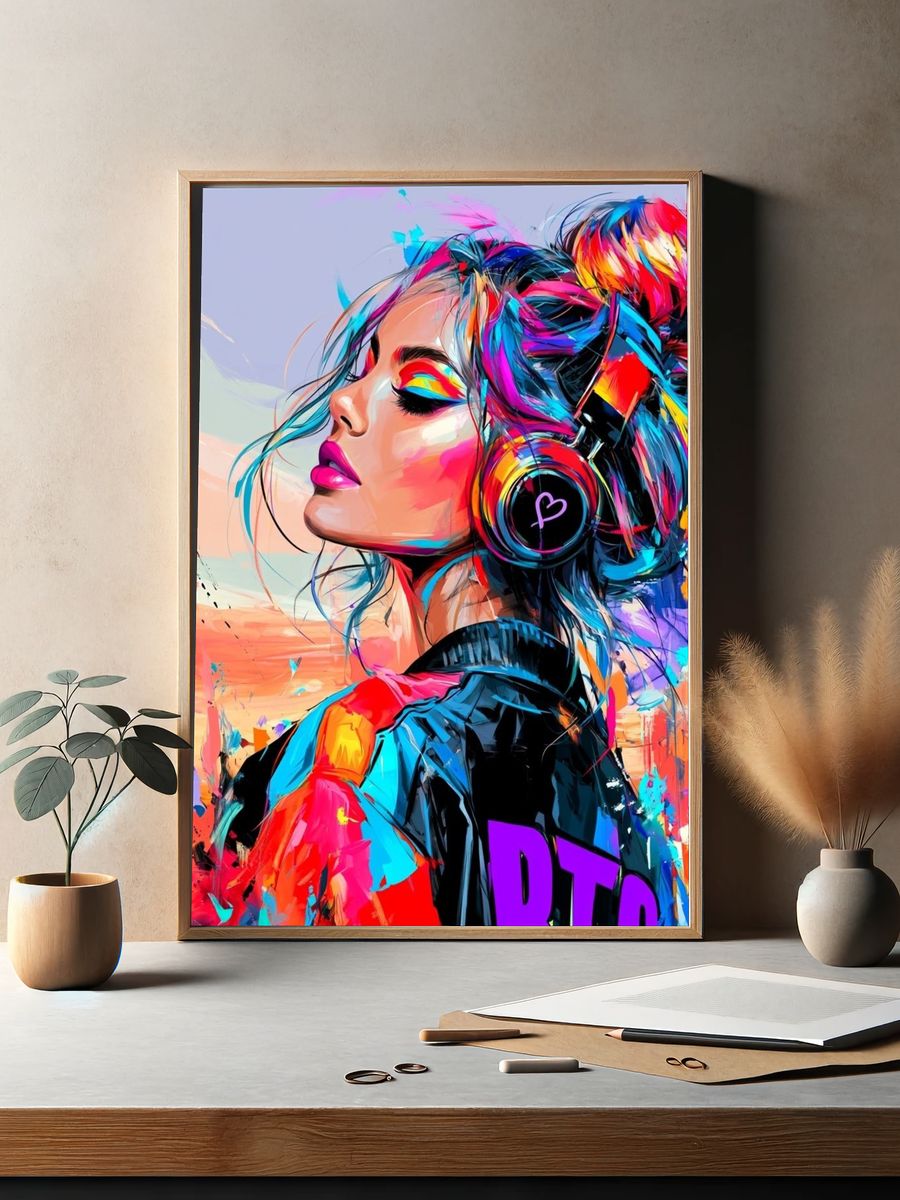 Neon Headphones Portrait Print. — room view 2