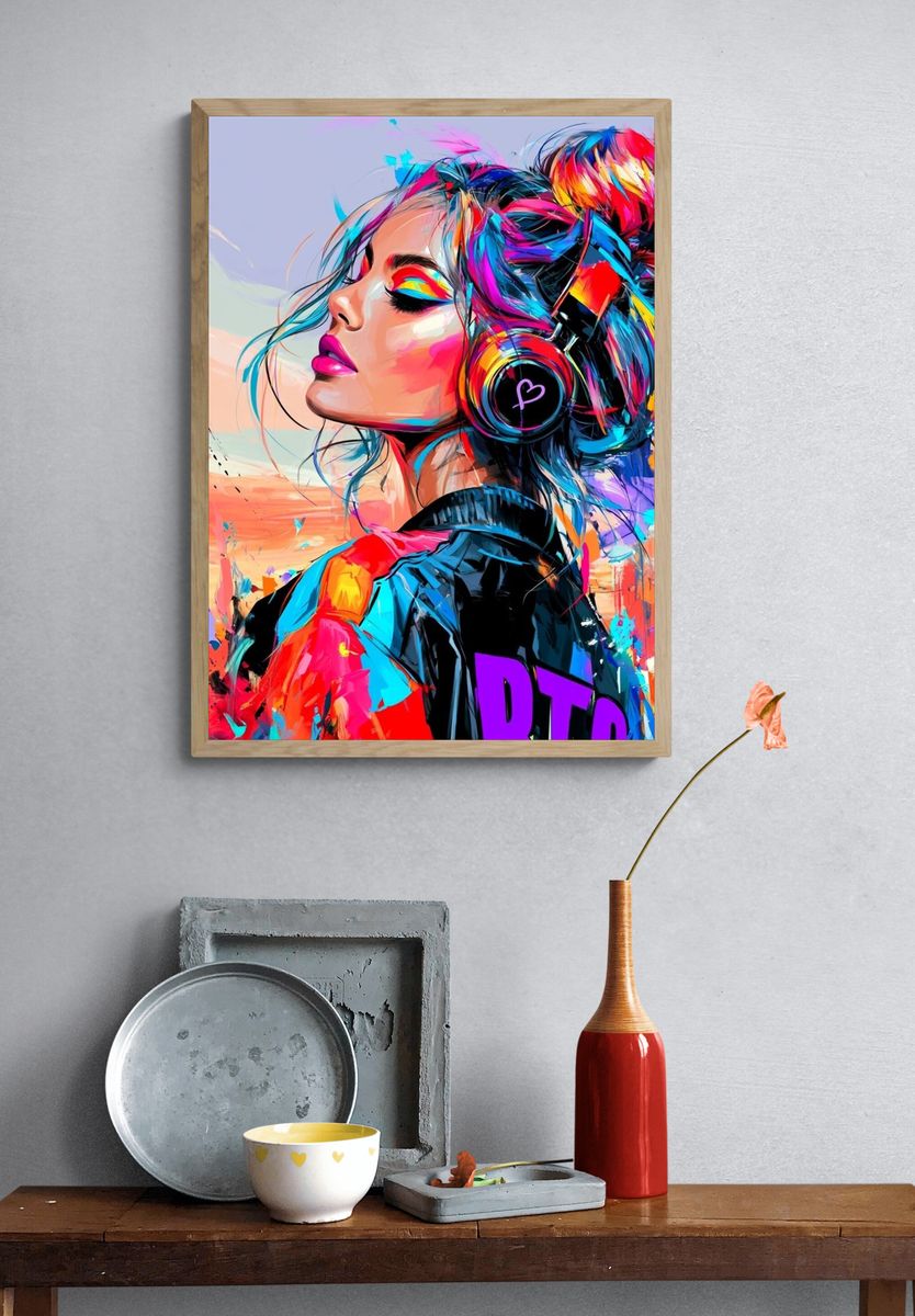 Neon Headphones Portrait Print. — room view 3