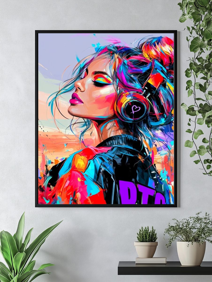 Neon Headphones Portrait Print. — room view 4