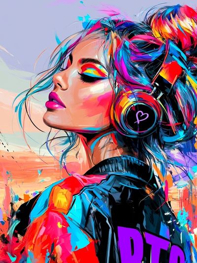 Neon Headphones Portrait Print. poster