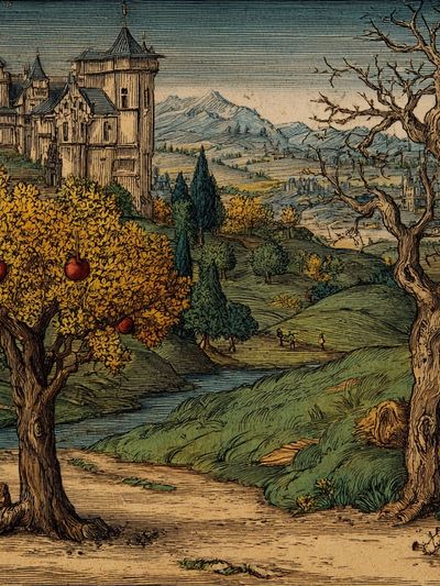 Renaissance Orchard Landscape Print. poster