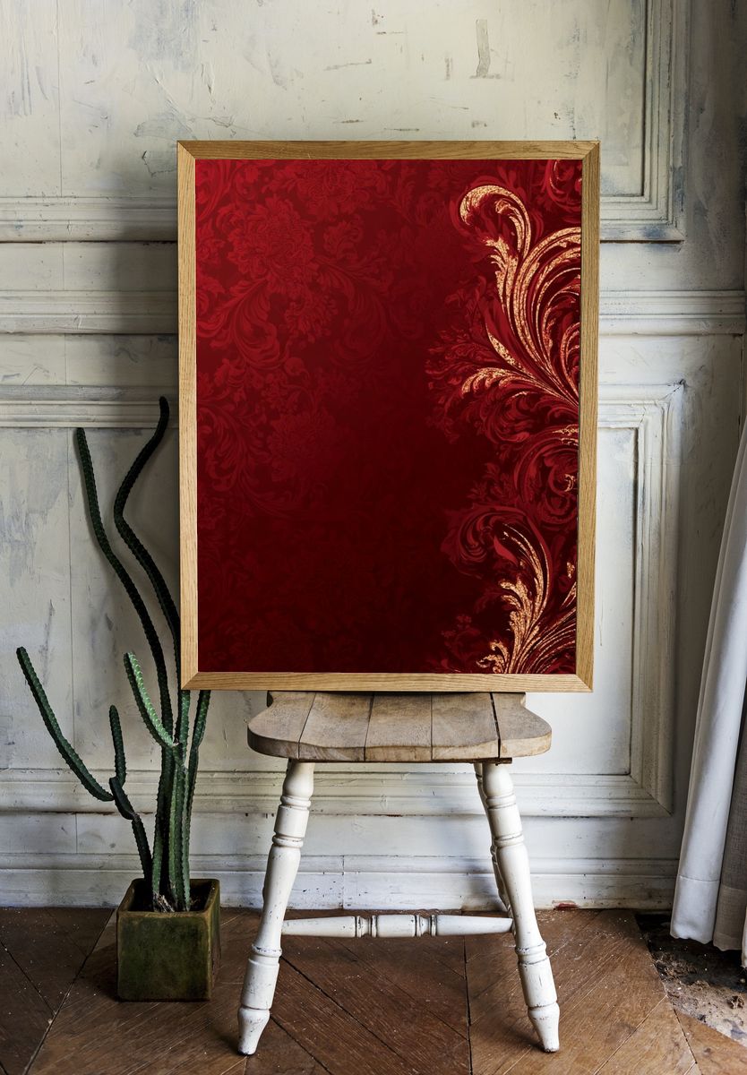Crimson Baroque Flourish Print. — room view 1