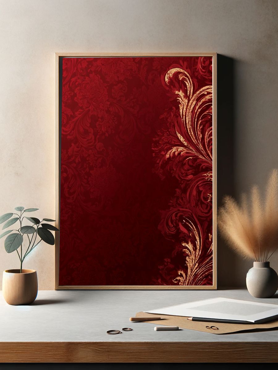 Crimson Baroque Flourish Print. — room view 2